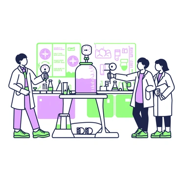 A university laboratory filled with students is conducting an experiment focused on pressure and volume changes. At the center of the room, there is a large, clear container filled with a gas, connected to various measuring instruments. A student in a lab coat is holding a pressure gauge and looking intently at the readings. Another student is adjusting a valve on the container, while a third is taking notes on a clipboard. The workspace is organized with several beakers, pipettes, and safety equipment visible on the countertops. Wall charts depicting gas laws are displayed in the background.