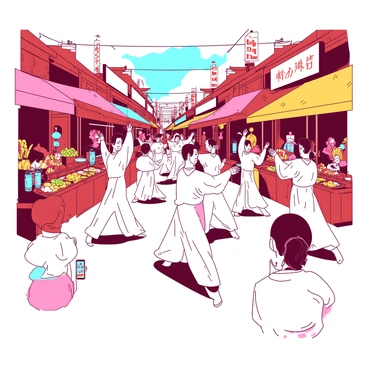 A vibrant scene unfolds in a bustling street market filled with activity and energy. In the center, a group of practitioners is engaged in a "tai chi" demonstration, showcasing their graceful movements. The practitioners wear flowing white uniforms, and their faces reflect focus and tranquility amid the lively surroundings. Stalls with colorful canopies display various goods, including fresh fruits, vegetables, and handmade crafts, creating a lively backdrop. Bystanders pause to watch the demonstration, some capturing the moment on their smartphones, while others are drawn in by the calmness of the performance amidst the market's hustle and bustle.