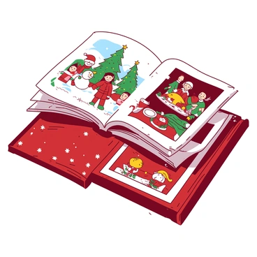 A red holiday photo album is placed on a wooden table, adorned with snowflakes and stars on its cover. The album is open, displaying pages filled with vibrant photographs of family gatherings and celebrations. One page features a happy family building a snowman in a white snowy landscape, while another page shows them gathered around a beautifully decorated tree with colorful ornaments and twinkling lights. There are images of the family enjoying a festive dinner, with a centerpiece of a roasted turkey and red and green decorations on the table. Each photograph captures the warmth and joy of winter traditions, creating a heartwarming collection of memories.