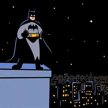 A figure dressed as Batman with a black cape and cowl stands on a ledge of a tall building, overlooking a city at night. His posture is strong and determined, with his fists clenched at his sides. The cityscape below is filled with tall buildings and scattered lights, creating a sense of depth. The dark sky is dotted with stars, adding a dramatic effect to the scene. Batman's facial expression is focused, showing his commitment to fighting crime as he prepares to make his next move.