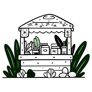 A festival stall with a wooden structure displays various sage products such as bundles of dried sage, sage-infused candles, and small glass jars filled with sage essential oil. The stall is adorned with decorative fabric draped around it, and there are labels highlighting the benefits of each product. Lush greenery surrounds the stall, with tall plants and smaller shrubs creating a natural backdrop. The ground is covered in soft grass, and a few decorative stones are placed around the base of the stall.