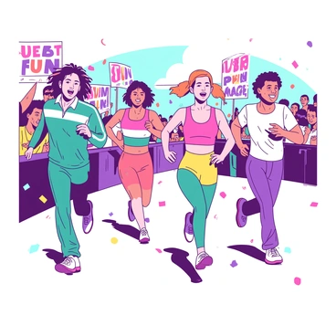 A group of four people is running energetically in a vibrant scene representing a 1980s fun run. Each participant is wearing distinct retro outfits with bold patterns and bright colors. The first runner is adorned in a teal tracksuit with white stripes, while the second is in a pink crop top and yellow high-waisted shorts. The third runner sports an orange headband with a matching tank top and blue leggings. The fourth participant is wearing purple leg warmers and a white t-shirt with a colorful design. The background features cheering spectators waving colorful banners in a festive atmosphere, with confetti falling around the runners.