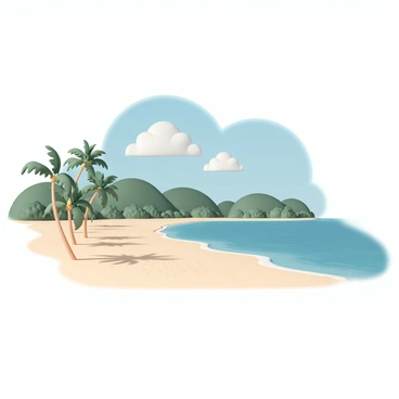 A tropical island featuring a sandy beach with pixelated textures, stretching along the shoreline. Tall green palm trees with curved trunks lean over the beach, their fronds swaying gently in the breeze. The ocean waves are a vibrant blue, gently lapping at the shore. In the background, lush greenery covers the island’s hills. A clear blue sky with fluffy white clouds hovers above, completing the idyllic scene.