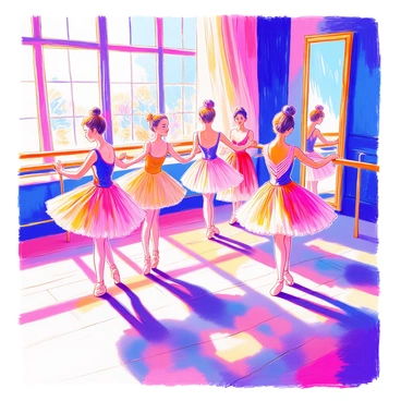 Ballet dancers in elegant tutus and intricate costumes are rehearsing in a bright dance studio. The studio features large mirrors reflecting their graceful movements. Wooden ballet barres line the walls, and a polished wooden floor shines under the studio lights. Each dancer is engaged in a different pose, showcasing their technique and poise. The dancers exhibit a variety of hair styles, with some in neat buns and others with flowing hair. Sunlight streams through the large windows, illuminating the scene with a warm glow.