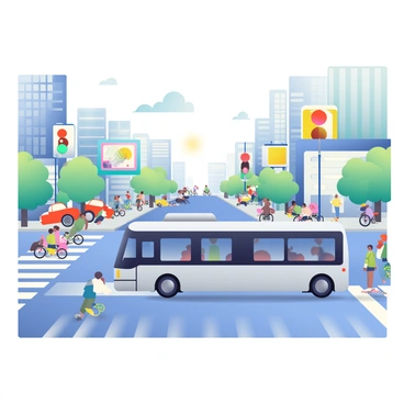 A driverless smart bus is moving smoothly through a busy intersection. The bus is sleek and modern, with a silver exterior and large, tinted windows. Surrounding the bus are various vehicles, including cars and bicycles, all in motion. Pedestrians are walking along the crosswalks, some carrying shopping bags. Traffic lights are visible above, showing green and red signals. Skyscrapers and buildings of different heights frame the scene, with billboards displaying ads and colorful signs. The road is marked with white lane dividers, and the sun casts soft shadows on the asphalt.