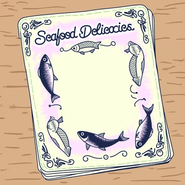 An antique seafood restaurant menu is displayed on a wooden table. The menu features a textured paper with a yellowed appearance, suggesting age. Hand-drawn illustrations of various fish are present throughout, including a large, detailed fish in the center and smaller fish adorning the corners. Each fish is intricately designed with scales and fins. The borders of the menu are ornate, featuring swirling patterns and motifs that add an elegant touch. The title "Seafood Delicacies" is prominently displayed at the top in a decorative font. The overall layout is balanced, with ample space between the text and illustrations.