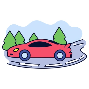 A sports car with a streamlined design, featuring a glossy red exterior and prominent curves. The car is shown in motion on a winding racetrack, with motion lines emphasizing its speed. The background includes a blurred depiction of green trees and a blue sky. The track is grey and has white markings to indicate the lanes.