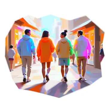 A group of diverse individuals walking down a vibrant street. Each person is surrounded by a distinct glowing aura in various colors, creating a luminous effect around them. The first person on the left has a bright blue aura, while the second has a warm orange glow. The third individual is enveloped in a soft green light, and the fourth has a radiant purple halo. The street is bustling with activity, featuring storefronts and pedestrians in the background, adding depth to the scene. The lighting casts intriguing shadows and highlights on the faces of the people as they walk together, engaged in conversation.