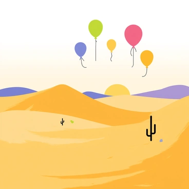 A group of colorful balloons, including red, blue, yellow, and green, are drifting peacefully in the sky above a vast desert landscape. The balloons are varying in size and shape, creating a whimsical scene. The desert floor is covered in golden sand dunes that ripple gently under the soft evening light. In the background, the sky transitions into deep shades of orange and purple as the sun sets on the horizon. A few scattered cacti can be seen dotting the desert, adding to the rich details of the landscape.