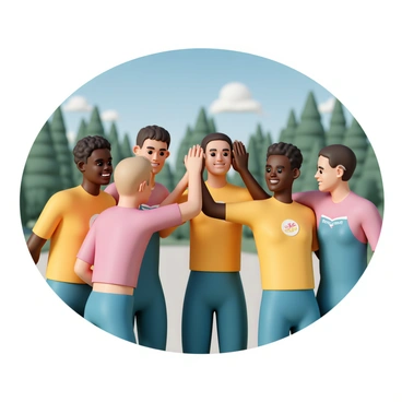 A group of five triathletes, wearing brightly colored cycling uniforms with logos, is gathered in a circle, raising their hands for a high-five. They have a mix of genders and ethnicities, showcasing diversity within the team. Sweat glistens on their foreheads, indicating the effort from the cycling segment. The background features a blurred landscape of green trees and blue sky, suggesting an outdoor setting. Each athlete has a look of excitement and camaraderie, smiling as they connect their hands in the celebration.