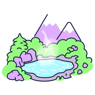A natural hot spring is located in a mountainous area, surrounded by rugged terrain. The scene features clear, steaming water with gentle vapor rising above its surface. Lush greenery, including shrubs and small trees, grows along the edges of the spring, while boulders are scattered around the area. In the background, steep mountain peaks tower under a clear sky. The setting conveys a sense of tranquility and natural beauty.