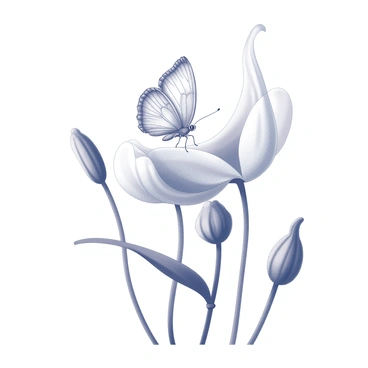 A delicate butterfly with intricate wing patterns is perched gently on the soft, curved petal of a moonflower. The butterfly's wings are slightly open, revealing their detailed textures and shapes. The moonflower bloom is large and wide, with its silky white petals unfurling gracefully. The background features additional moonflower plants, each with their own blooms, creating a natural setting that highlights the connection between the butterfly and the flower. The scene captures a moment of tranquility in nature.