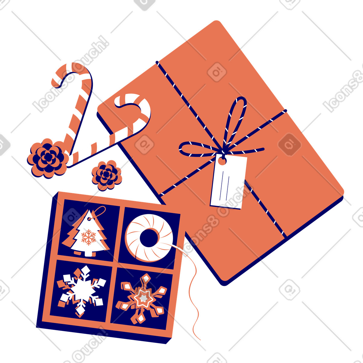 Ilustración Regalo de navidad y caja con adornos navideños en estilo Lounge a descargar en PNG SVG