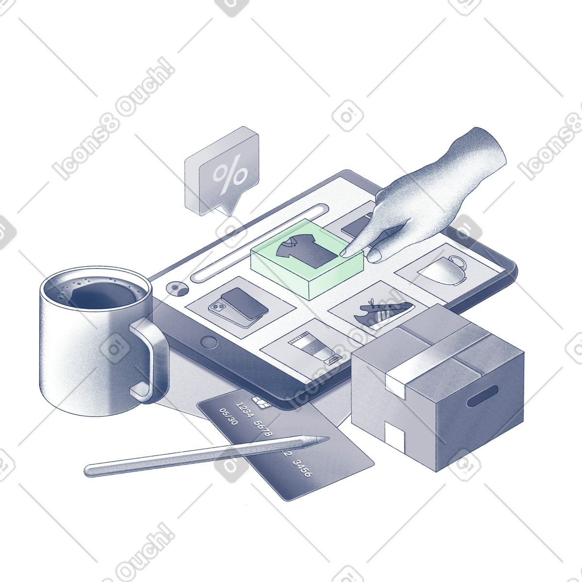 Illustration Product selection on digital device, Ecommerce and retail experience dans le style Haze à télécharger aux formats PNG, SVG