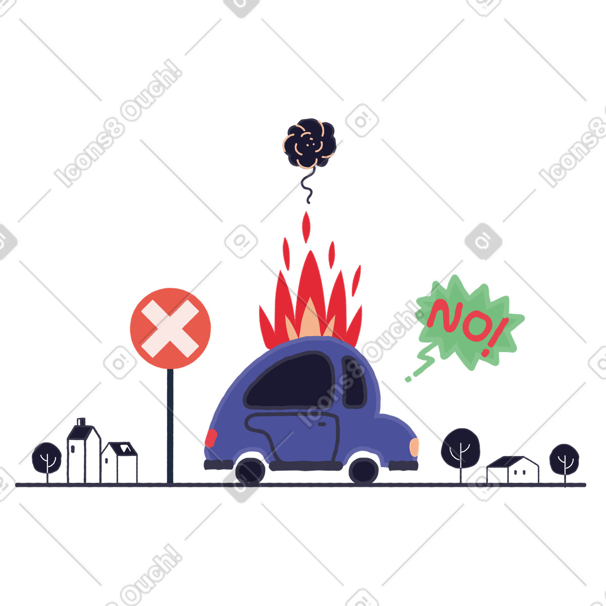 下载 Stripy 风格的 Car on fire with error sign, Fatal and breakdown page 插画，支持 PNG、SVG 格式