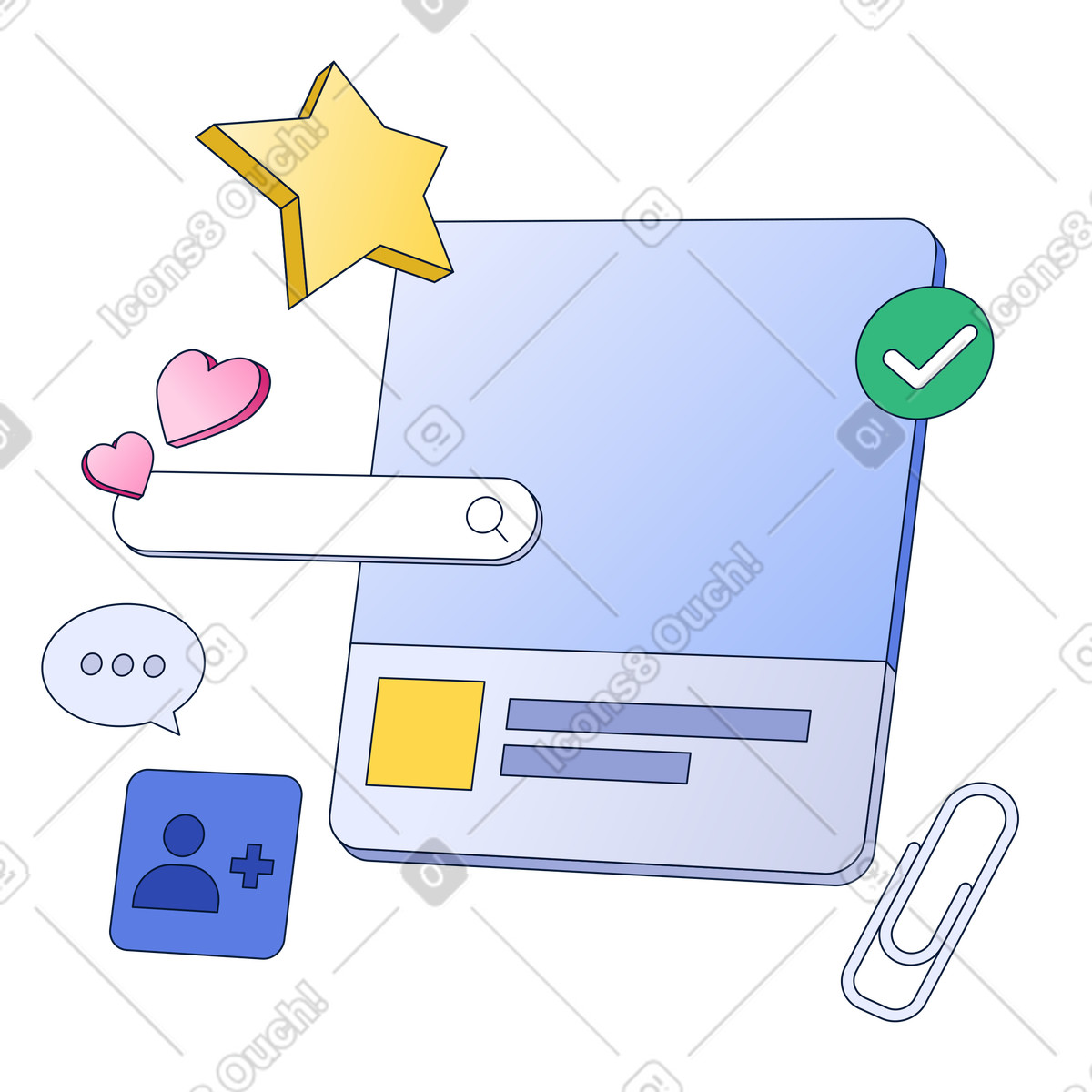 Social media post with reactions and search bar, online sharing and user feedback illustration in PNG, SVG