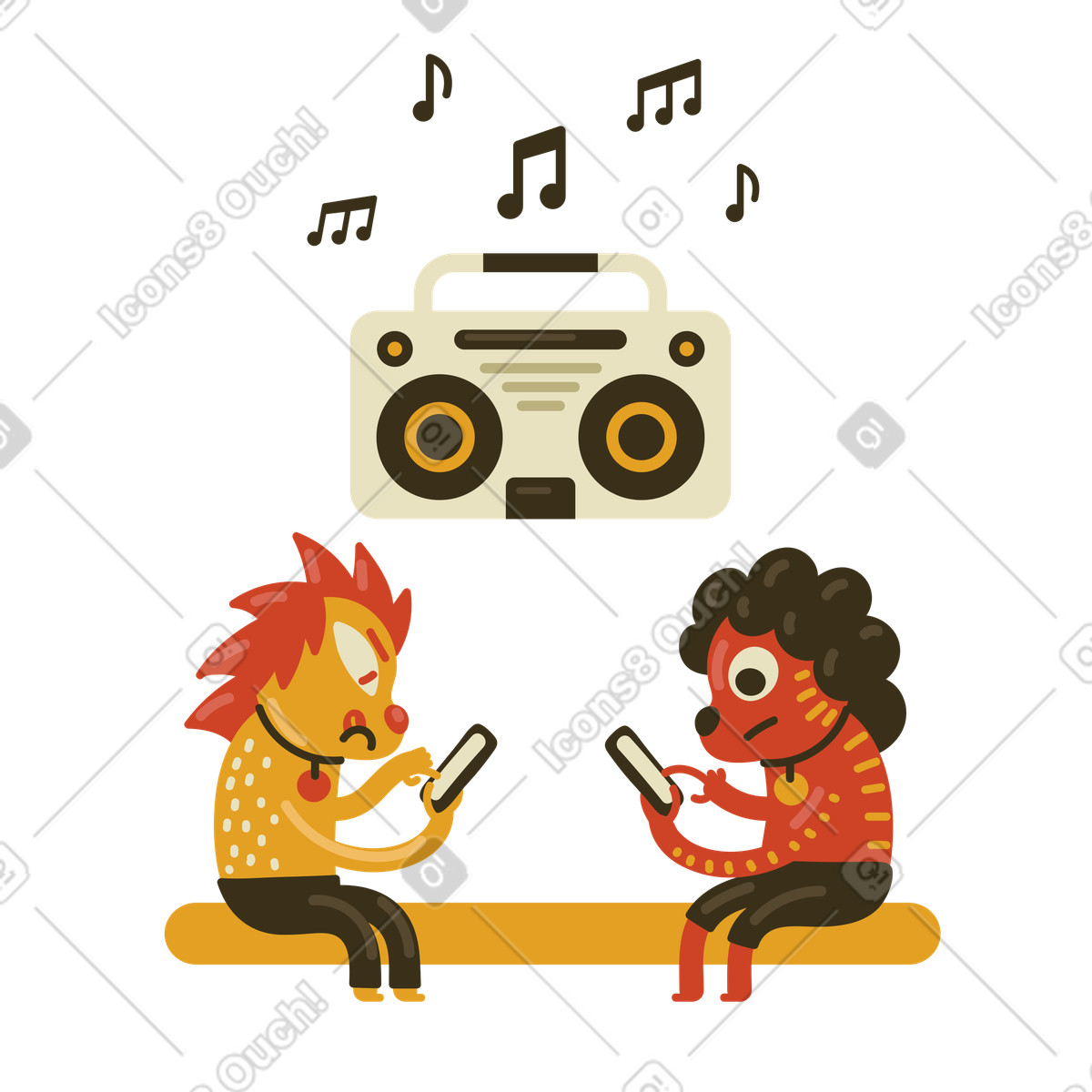 Ilustración Chatear online y escuchar música en la radio. estilo Arabica a descargar PNG SVG