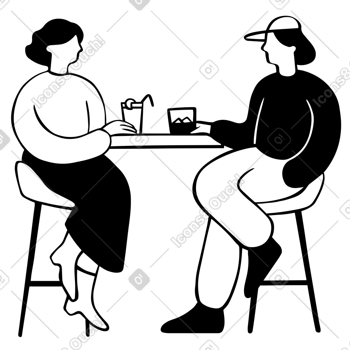 Friends sitting and talking at a cafe table, Social interaction or friendly discussion illustrazione in stile Journal scarica in PNG, SVG