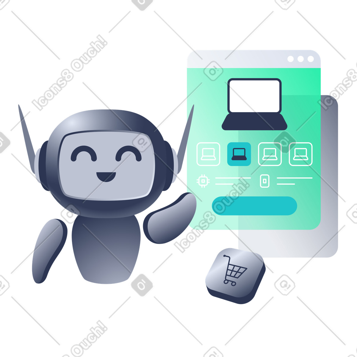 Agente ai che aiuta gli utenti a scegliere il modello del laptop dalla scheda prodotto nel negozio online, assistente per lo shopping gestisce l'esperienza online illustrazione in stile Lucent scarica in PNG, SVG