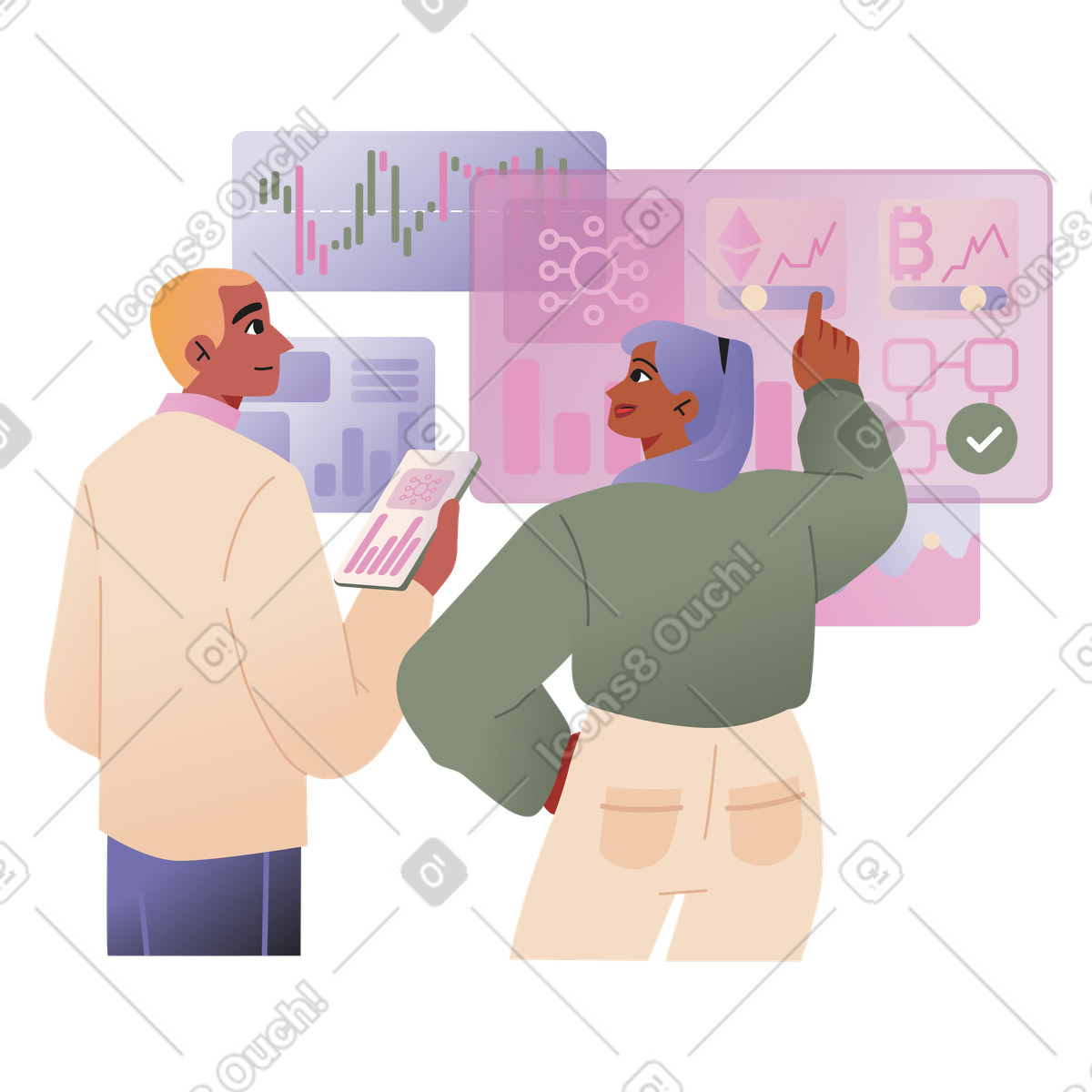 Office employees doing financial market analysis illustration in Coworking style download in PNG, SVG