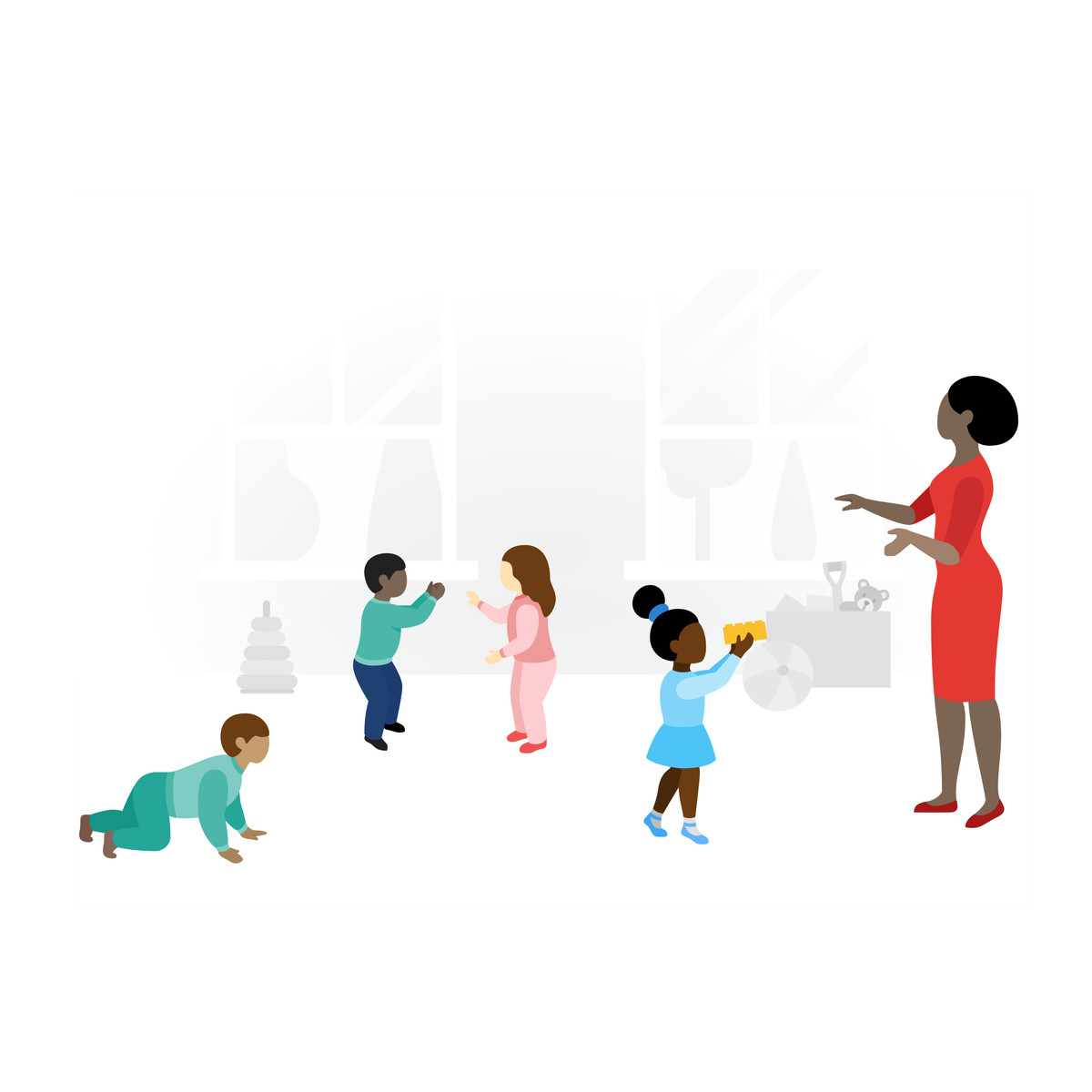 Teacher looking after children in kindergarten illustration Fogg style download PNG, SVG