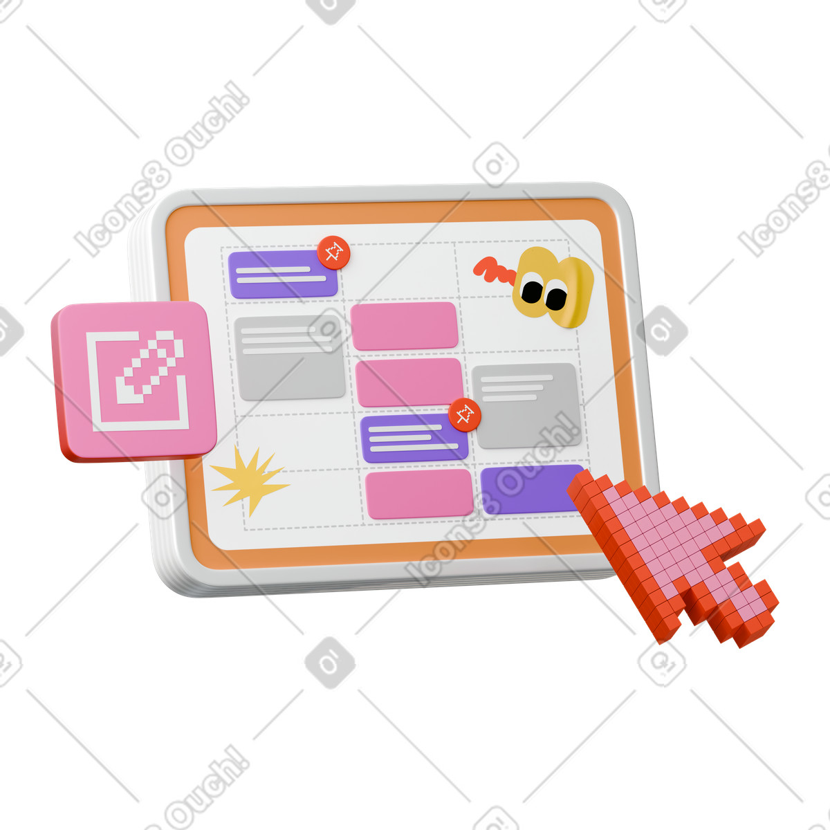 Illustration Kanban board interface with colorful tasks and pixel cursor dans le style 3D Stickle à télécharger aux formats PNG, SVG