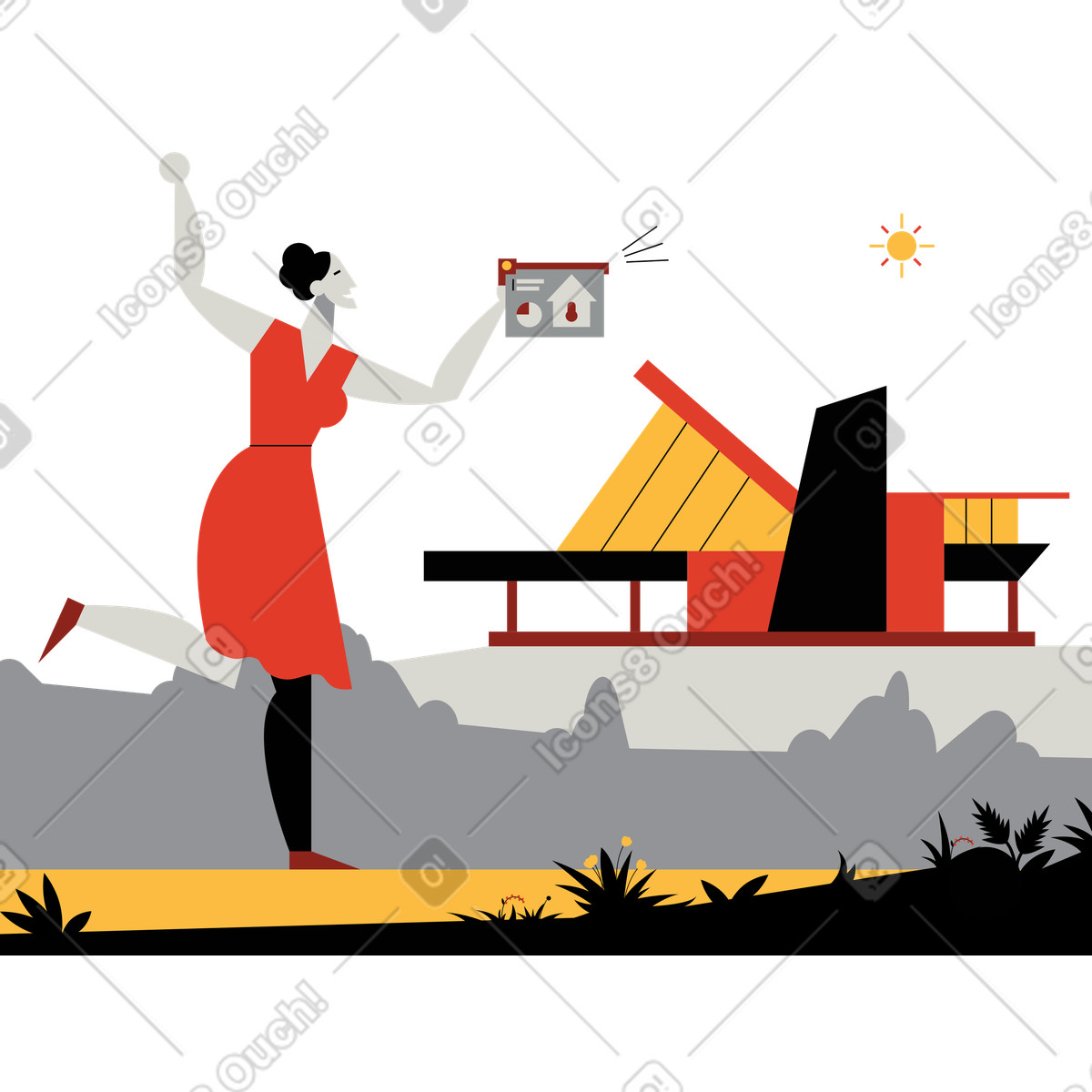 Ilustración Mujer controlando su casa inteligente desde una tableta en estilo Burgundy a descargar en PNG y SVG