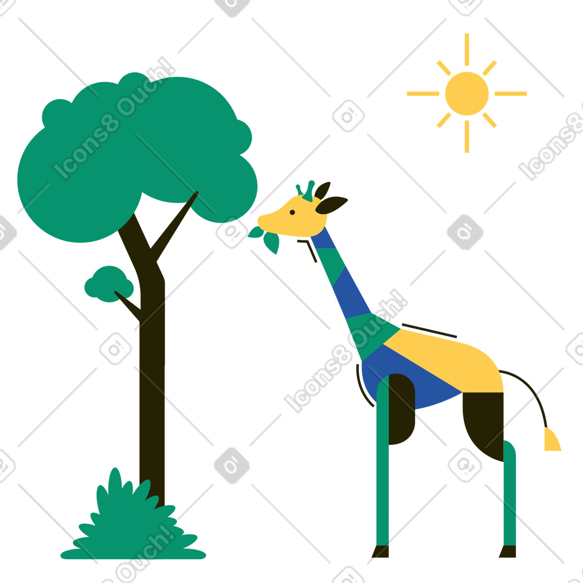 Giraffa che mangia le foglie dall'albero illustrazione in stile Spot scarica in PNG, SVG