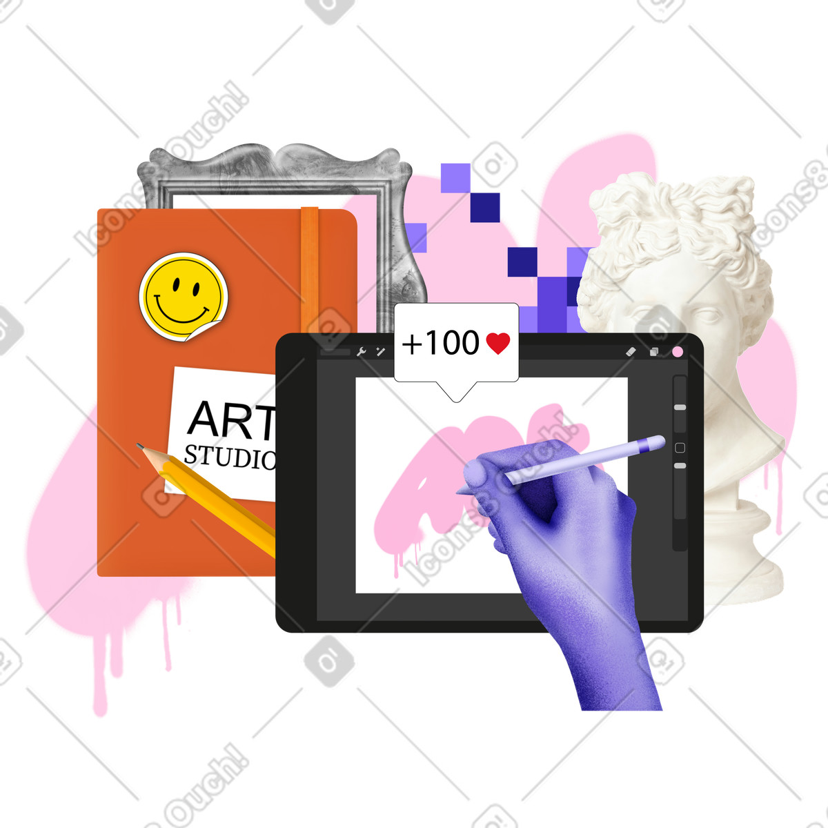 Digital artist workspace with tablet and sketchbook illustration in PNG, SVG
