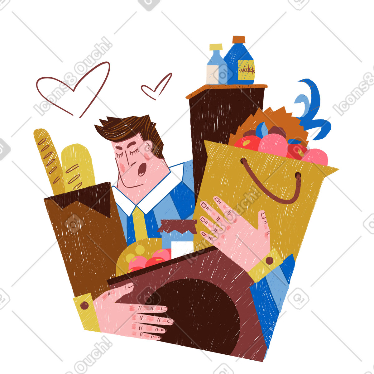 Ilustración Hombre llevando productos en bolsas de papel. estilo Sleepy a descargar PNG y SVG