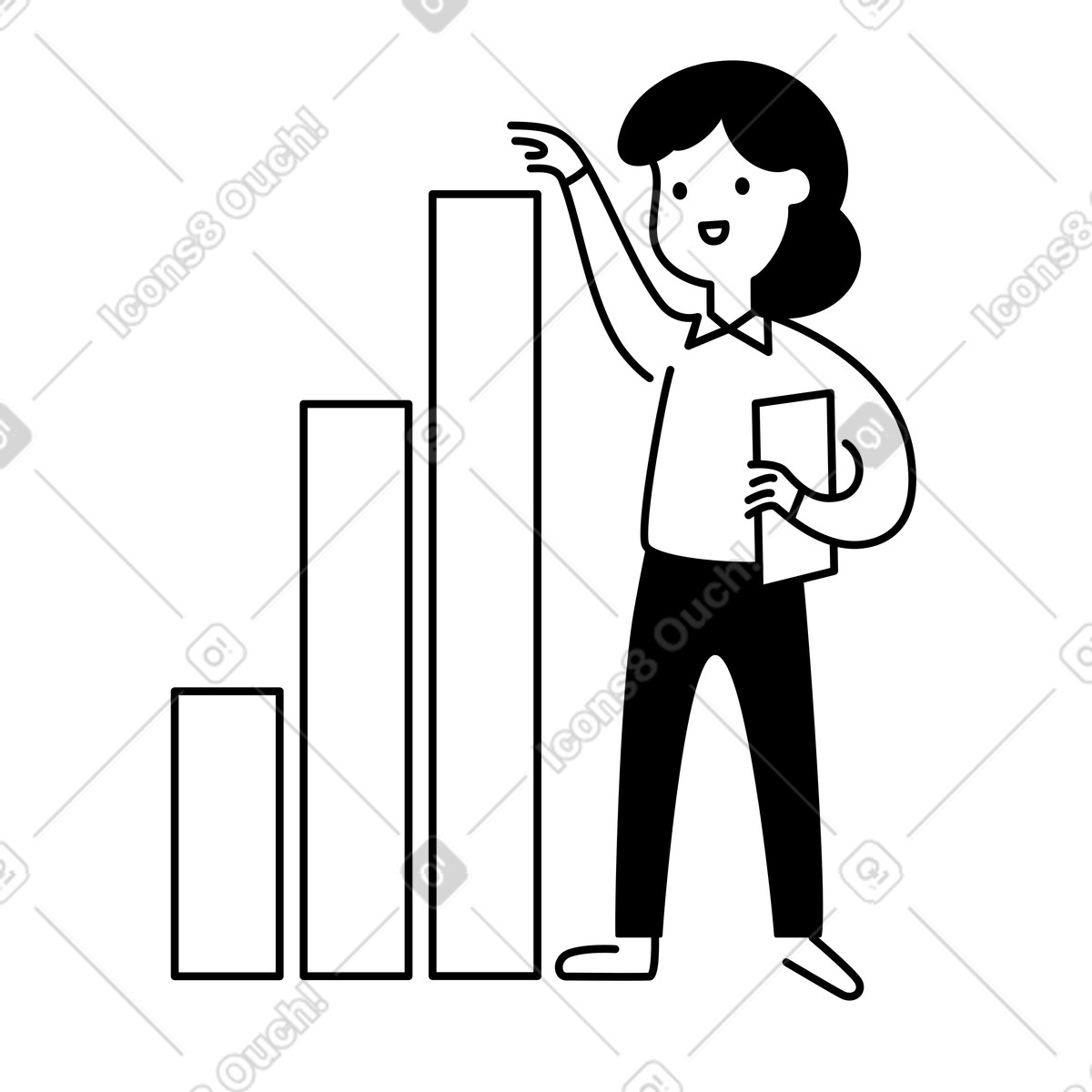 Businesswoman presenting increasing bar chart with report document in hand-Illustration im Notion Line Art-Stil als Download PNG, SVG