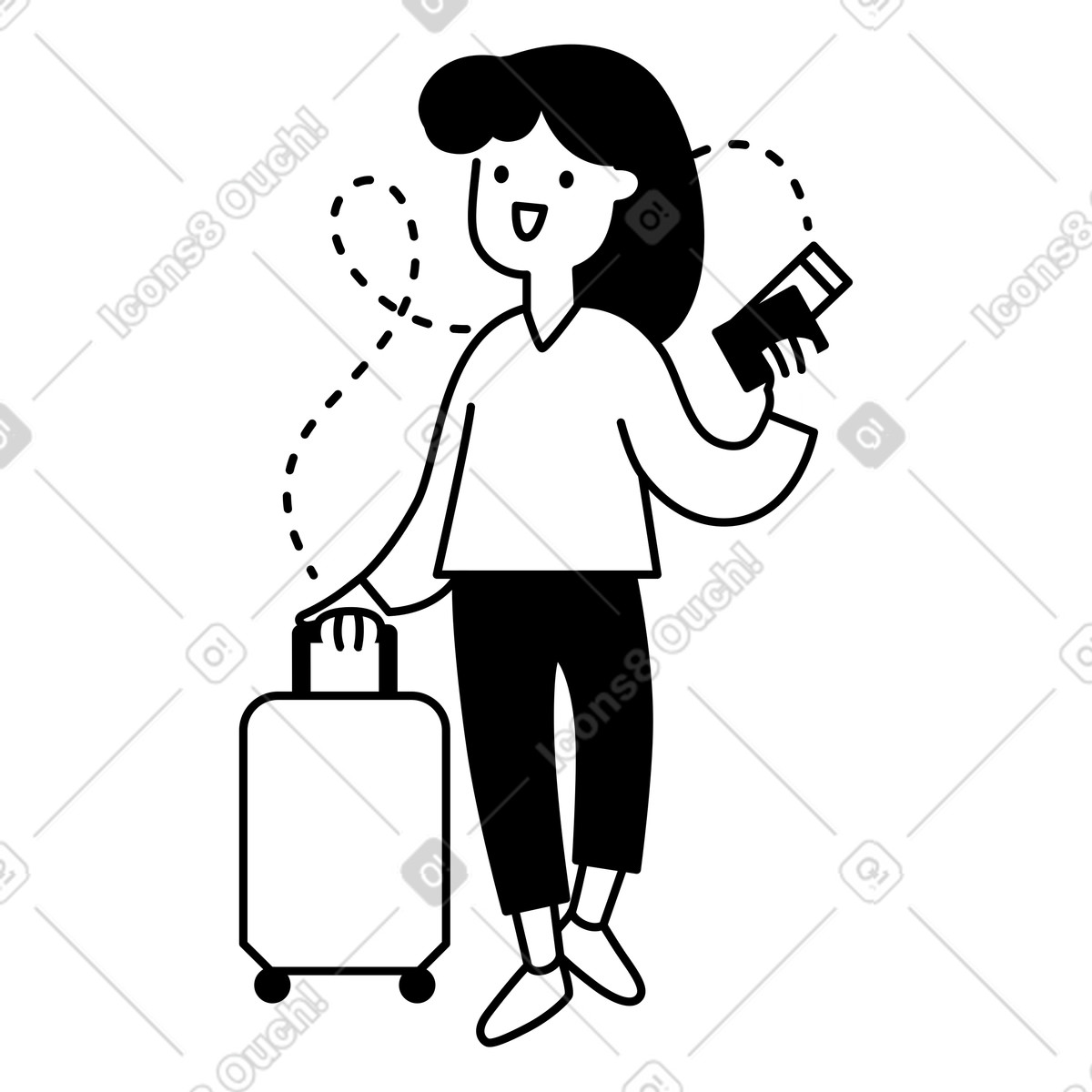 下载 Notion Line Art 风格的 Traveler holding suitcase and boarding pass ready for airport departure 插画，支持 PNG、SVG 格式