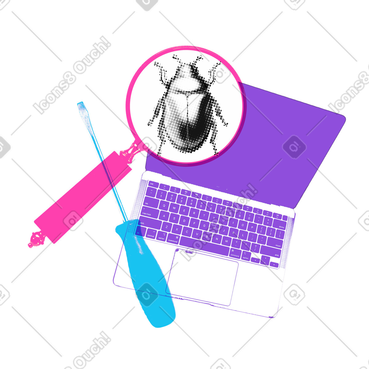 Software bug fix on laptop illustration in PNG, SVG