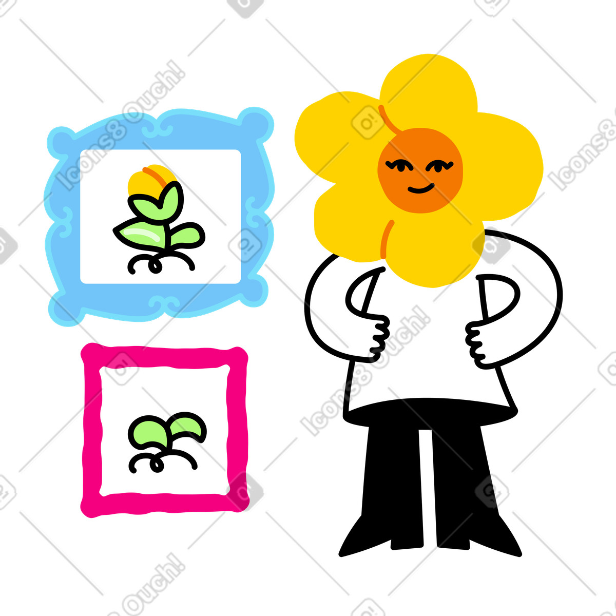 Illustration Personnage féminin avec une tête de fleur et des images sa croissance dans le style Giggle à télécharger aux formats PNG, SVG