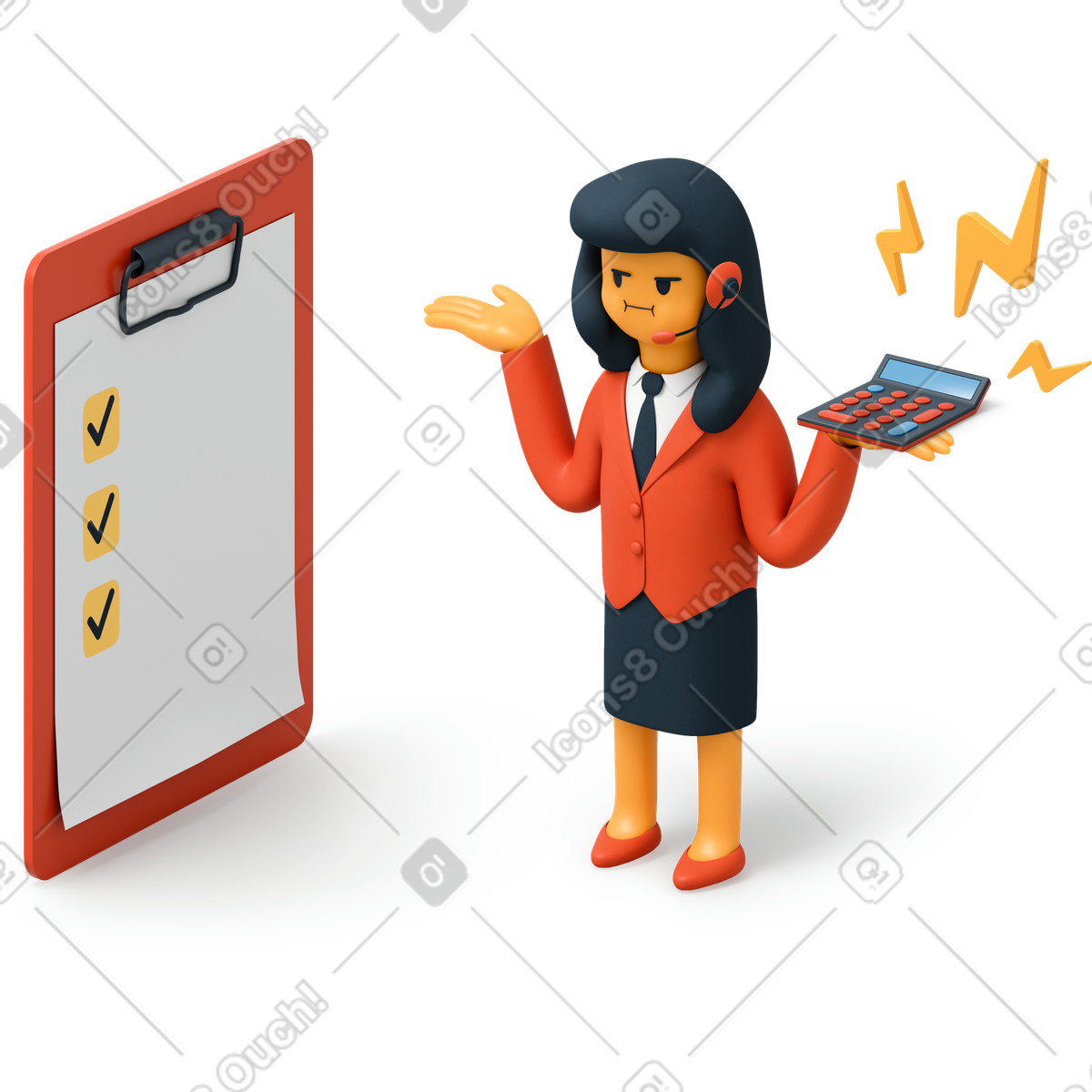 Wütende geschäftsfrau mit taschenrechner und pad-liste-Illustration im 3D Flame-Stil als Download in PNG, SVG