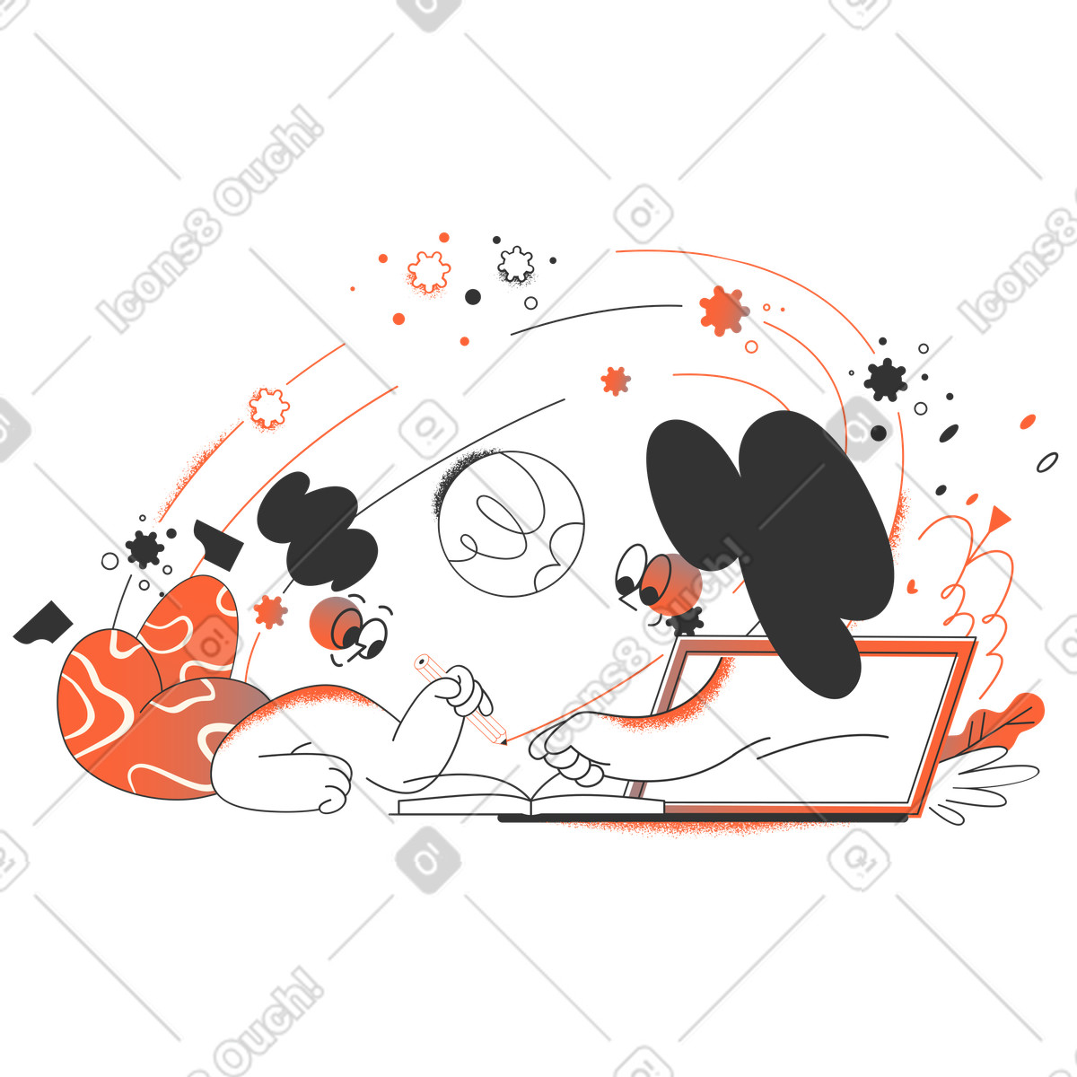 Teacher explaining material to a child on online lesson illustration in Crayon style download in PNG, SVG