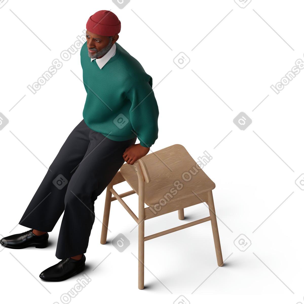 Illustration Vue isométrique d'un homme appuyé sur une chaise dans le style 3D Hygge à télécharger aux formats PNG, SVG