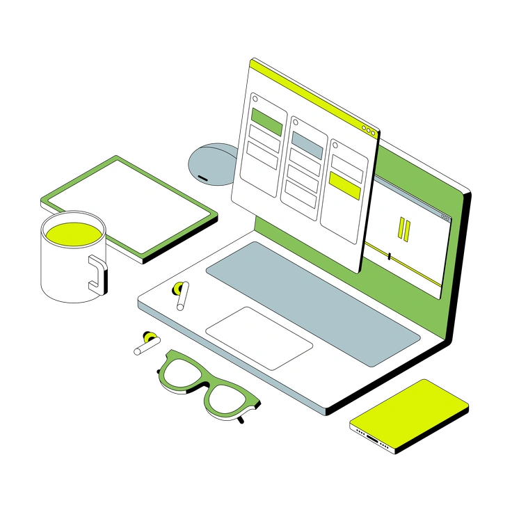 A laptop with design elements and office supplies - Isometric style illustration