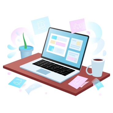 A laptop is positioned on a wooden desk, with its screen showcasing a digital mockup of a new app interface filled with various colorful buttons and sections. The laptop is sleek and modern with a silver finish. Surrounding the laptop are sticky notes in bright pastel colors, scattered around with hand-drawn sketches and ideas. A cup of coffee sits next to the laptop, with steam rising gently from it. In the background, a potted plant adds a touch of greenery to the scene.