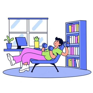 A person performing a chest press workout using a sturdy blue chair in their home office. The chair is positioned on a gray carpet, and the person is lying on their back against the chair, holding a pair of dumbbells above their chest. The room features a desk with a computer and some plants on the windowsill. A large bookshelf filled with books stands against one wall. Natural light is coming through the window, illuminating the workout scene.