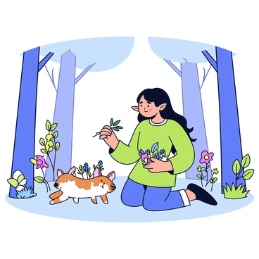 An elf with long, flowing hair is kneeling beside a small, injured animal in a tranquil forest. The elf wears a simple green tunic and has delicate pointed ears visible. In one hand, the elf holds a variety of colorful herbs, while the other hand gently touches the animal's side. The forest is filled with tall, slender trees and soft, dappled sunlight filters through the leaves, casting gentle shadows on the ground. Various plants and flowers surround the elf and the animal, adding color to the scene.