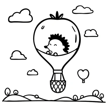 A cheerful hedgehog sitting inside a hot air balloon shaped like a berry, with the balloon's texture resembling the surface of the fruit. The hedgehog's spines are standing upright, and it holds onto the basket with small paws. Fluffy clouds are drifting around the balloon, creating a sense of movement in the sky. Below, there's a distant landscape with rolling hills and trees, providing context to the floating scene.