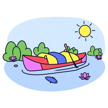 A colorful paddle boat with bright red, blue, and yellow sections is gliding smoothly across a calm fish pond. The boat has two seats with curved backs, and a pair of paddles attached to the sides. The surface of the pond is clear, reflecting the blue sky above. Small fish can be seen swimming just below the surface. Surrounding the pond are lush green plants and a few pink water lilies blooming. In the background, the sun is shining brightly, casting gentle shadows on the water.