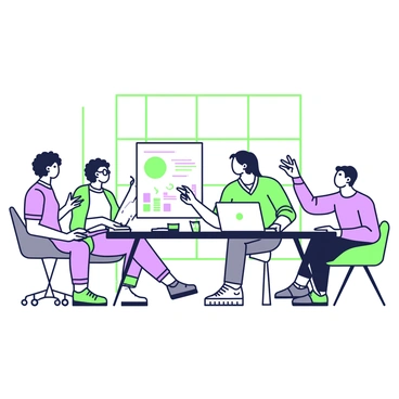 A group of five diverse individuals is gathered around a large table, engaged in a collaborative project. One person, with curly hair, is writing notes on a large notepad. Another, wearing glasses, is typing on a laptop, while a third individual, with long hair, is sketching ideas on a whiteboard. The fourth team member, with a short beard, is leaning back in his chair, contemplating, and the last member is pointing towards a colorful chart displayed on a screen. The room is well-lit with large windows, and various office supplies are scattered across the table.