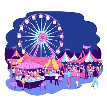 A vibrant carnival scene is illuminated at night with a dazzling display of bright lights. A large Ferris wheel in the background is adorned with a multitude of glowing bulbs, showcasing its colorful structure. Various stalls with colorful awnings are scattered throughout the area, each adorned with twinkling fairy lights. People of all ages are seen enjoying games and sampling treats from the stalls, creating a lively atmosphere filled with excitement and joy.