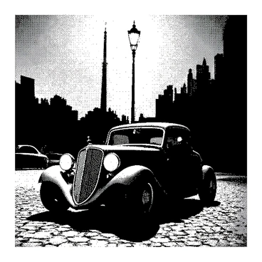 A rare vintage car is parked underneath a streetlamp that emits a soft glow. The car has an elegant design with classic curves and intricate details. The cobblestone road beneath it features uneven stones with a rugged texture, enhancing the nostalgic atmosphere. The streetlamp has a decorative wrought iron design, casting shadows on the car and the surrounding ground. The scene is set in a quiet evening setting, with the faint outline of buildings in the background.