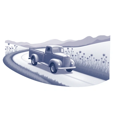An antique truck is rolling down a winding country road. The truck has a vintage design, featuring rounded edges and a flatbed with a weathered wooden surface. On either side of the road, tall wildflowers are blooming, creating a natural border with their various shapes and forms. The scene captures the essence of rural life, with the road curving gently through a landscape dotted with greenery. In the background, there are rolling hills that rise and fall softly, enhancing the peaceful atmosphere of the countryside.