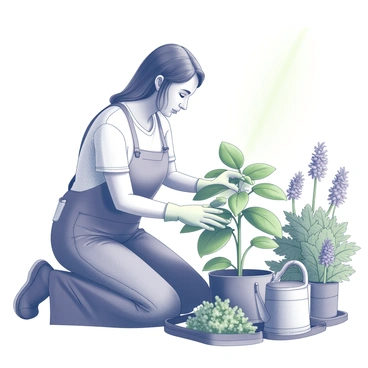 A caregiver kneels in a garden, carefully tending to a green plant. The caregiver has one hand gently holding the base of the plant while the other hand is softly brushing the leaves. The garden is filled with various plants and flowers, creating a lush environment. The caregiver is wearing gardening gloves and has a watering can nearby, ready to provide hydration to the plants. The scene conveys a sense of nurturing and growth, with sunlight filtering through the leaves overhead.