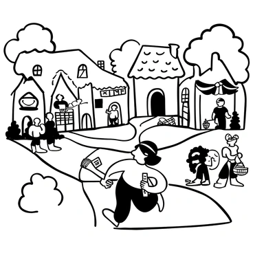 A small goblin messenger with pointed ears and a hunched back is running through a village. The goblin is holding a tightly rolled-up letter in one hand, while the other hand is slightly raised as if to signal to someone. The village is composed of quaint houses with thatched roofs, and there are cobblestone paths winding between them. Several villagers can be seen in the background, engaged in various activities, such as tending to gardens and carrying baskets. Trees and bushes frame the village, creating a lively, bustling atmosphere around the goblin's hurried movement.