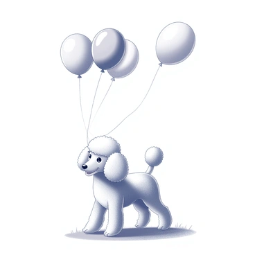 A poodle holding a string of colorful balloons in its mouth